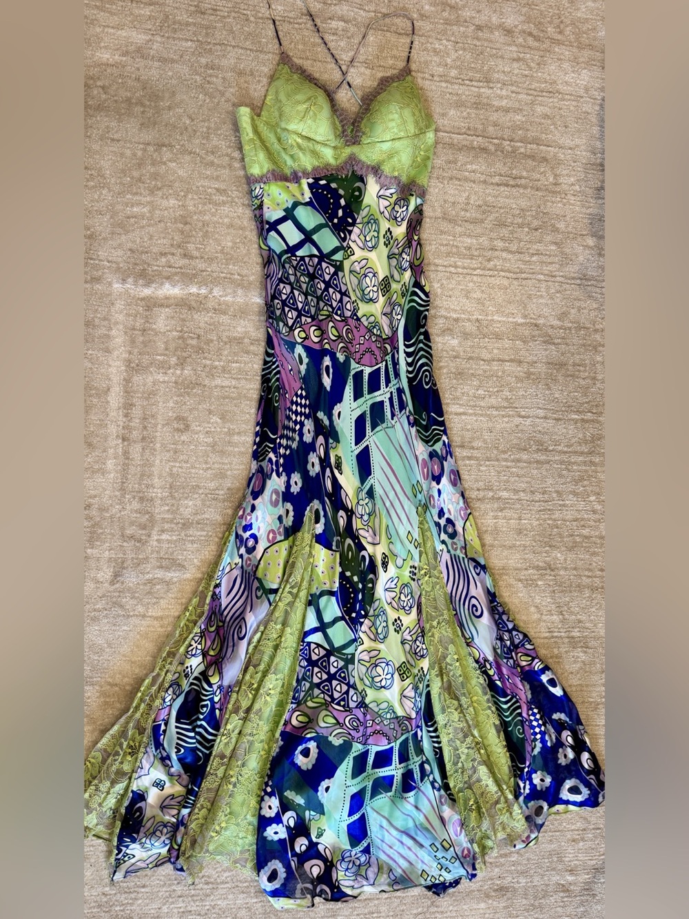 Y2K Rare Fairy Mary L Couture Abstract Silk & Lace Maxi Dress in Multi Colors